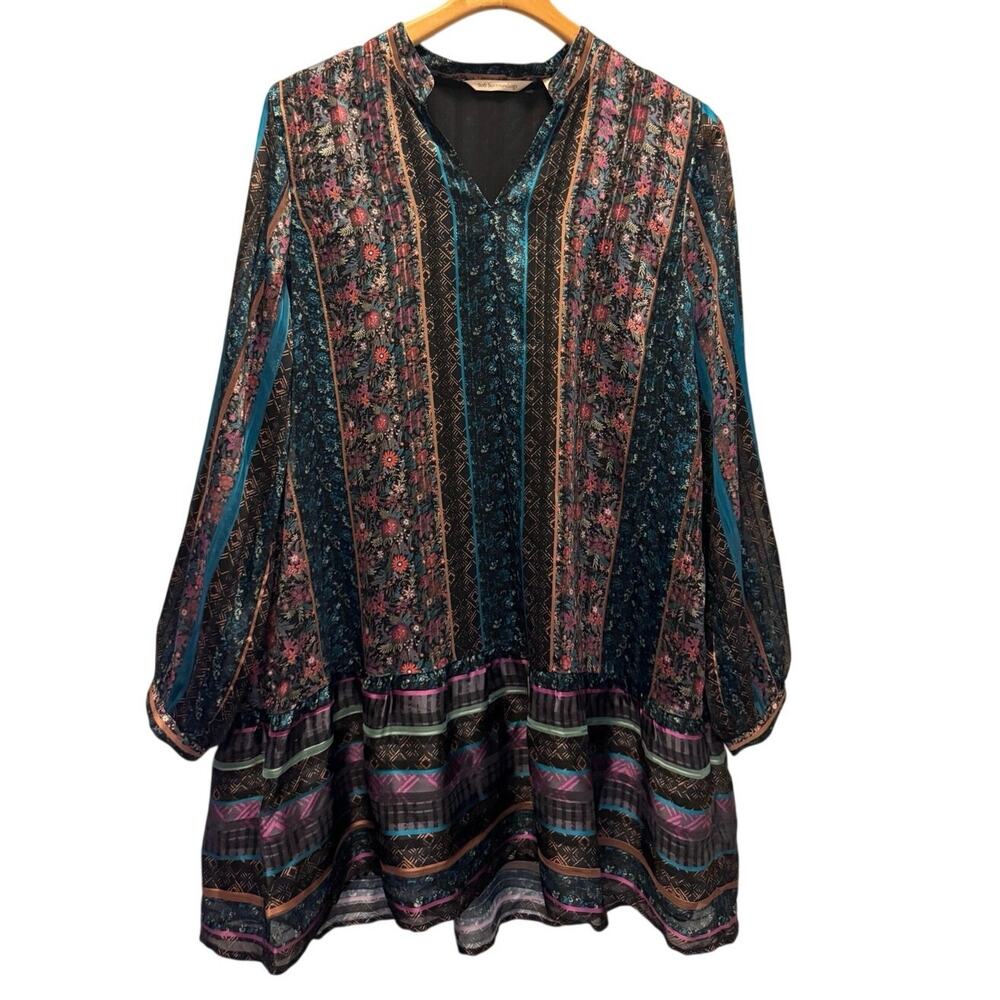 Soft Surroundings Womens Multicolor Floral Boho Mini Dress Ruffle Hem Size Large